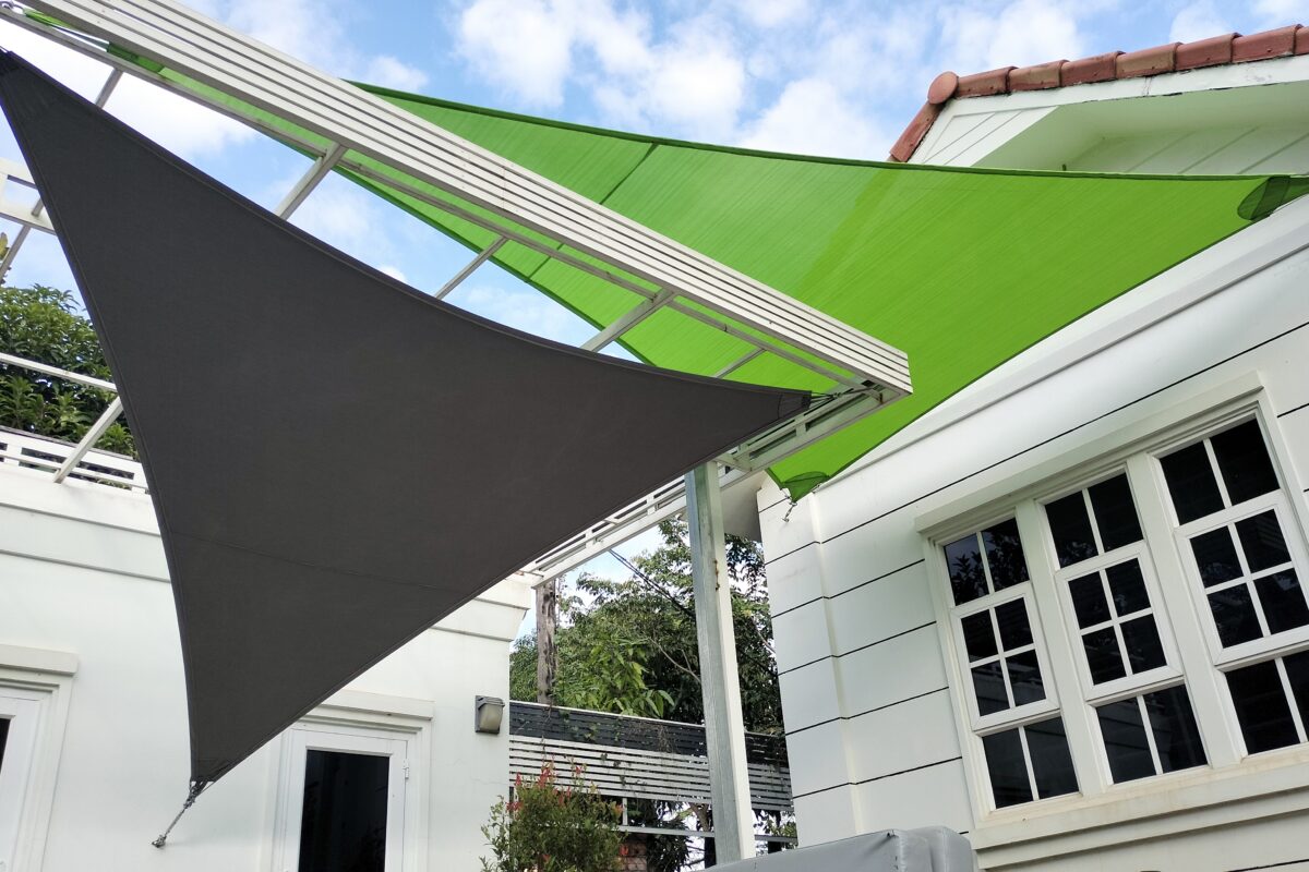 Shade Sails overlapping design, waterproof or open textile fabrics with long lifetime