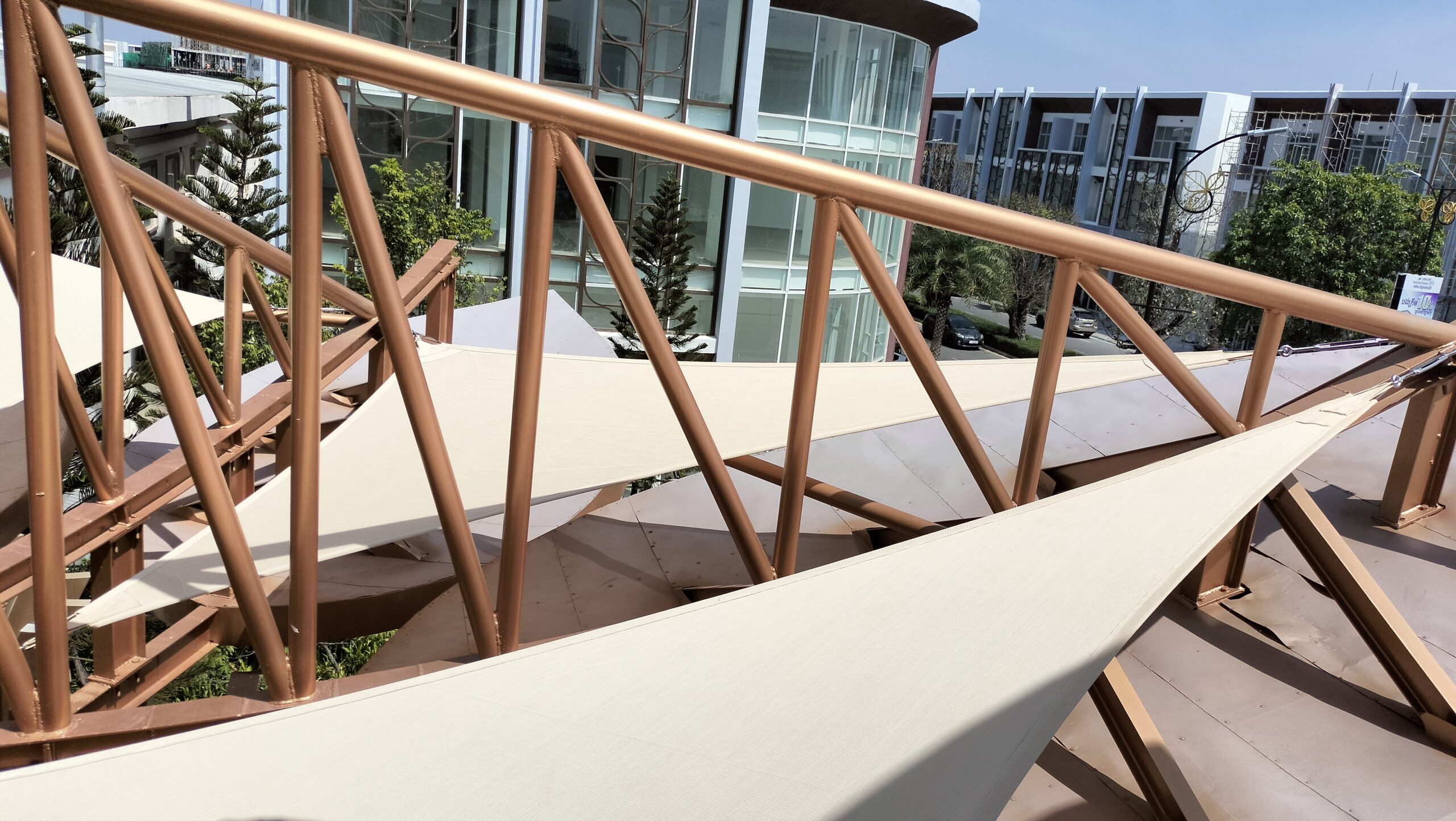 Shade Sails Installation on 12 - 15m high metal structure, view from top