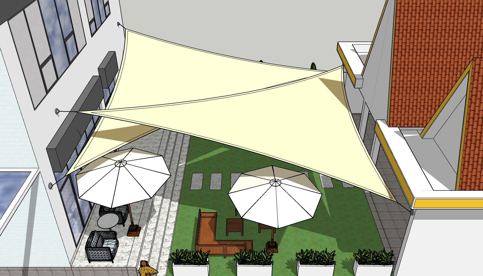 3D Design Study for two Triangle Shade Sails Pople Station Siem Reap Cambodia